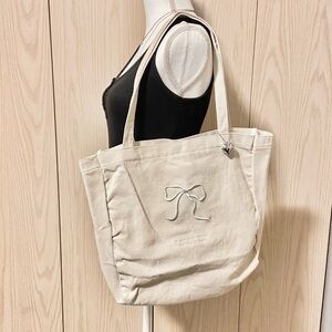 Tote Bag Women’s Shoulder Purse Cream Canvas + Embroidered Bow Minimalist Ballet